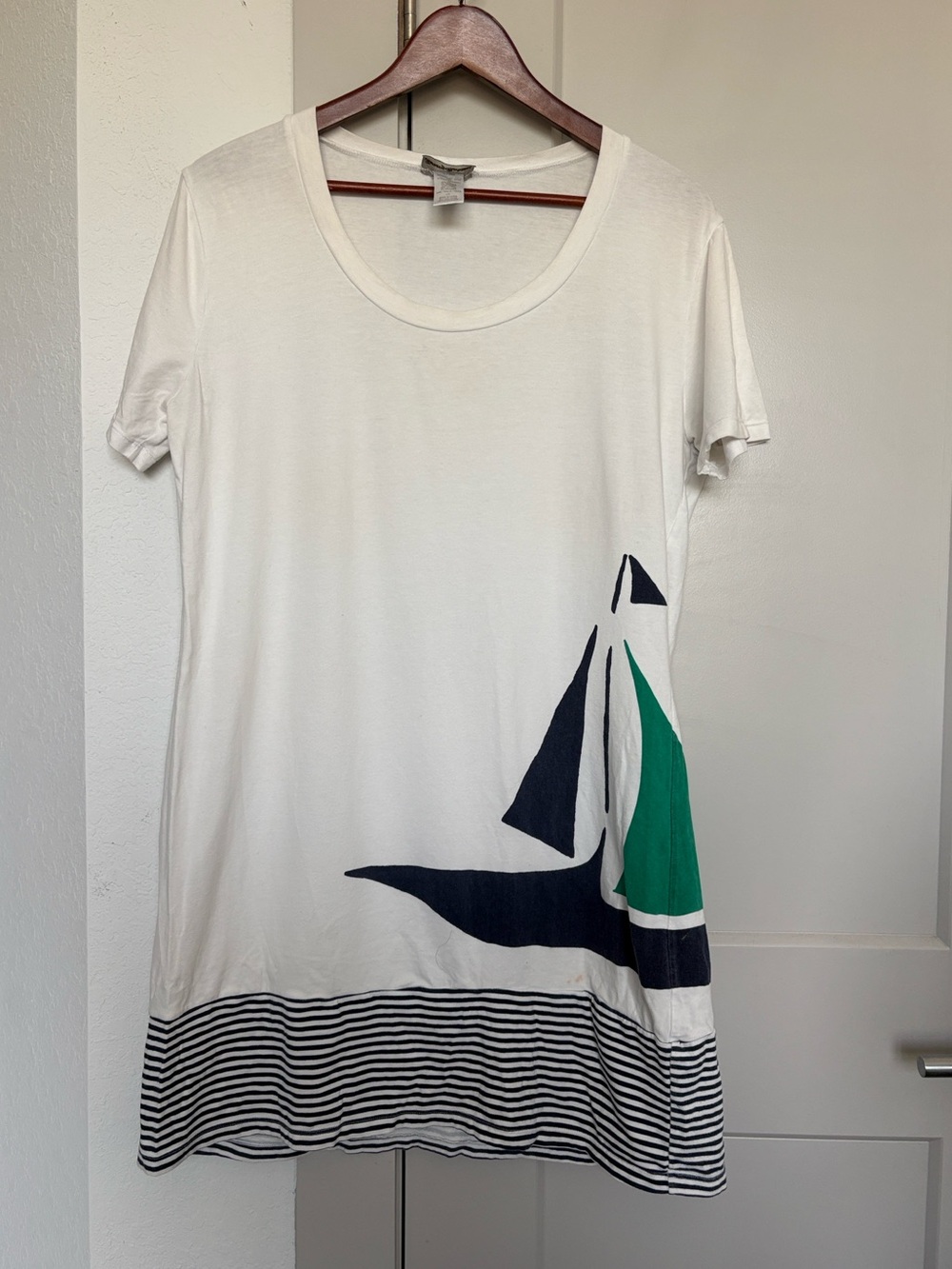 Tommy Bahama White Tee Dress with Navy and Green Sailboat Graphic